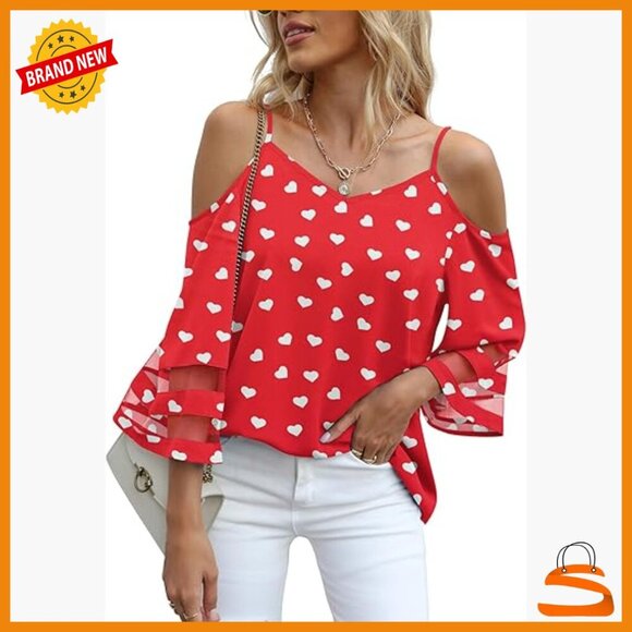 Tops - Women's Cold Shoulder Mesh Bell Sleeve Tee Adjustable Strap Loose Fit Top